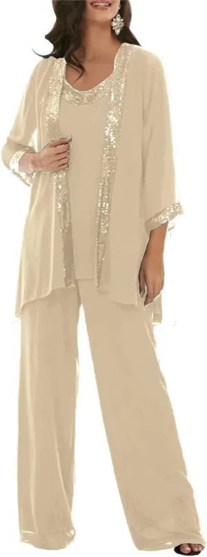 3 Pieces Dressy Pant Suits for Women with Long Sleeve Chiffon Outfits Formal Dress and Evening Gown with Jacket