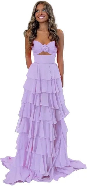 3D Flower Chiffon Prom Dresses Tiered Sleeveless Tube Top Formal Evening Gowns for Women