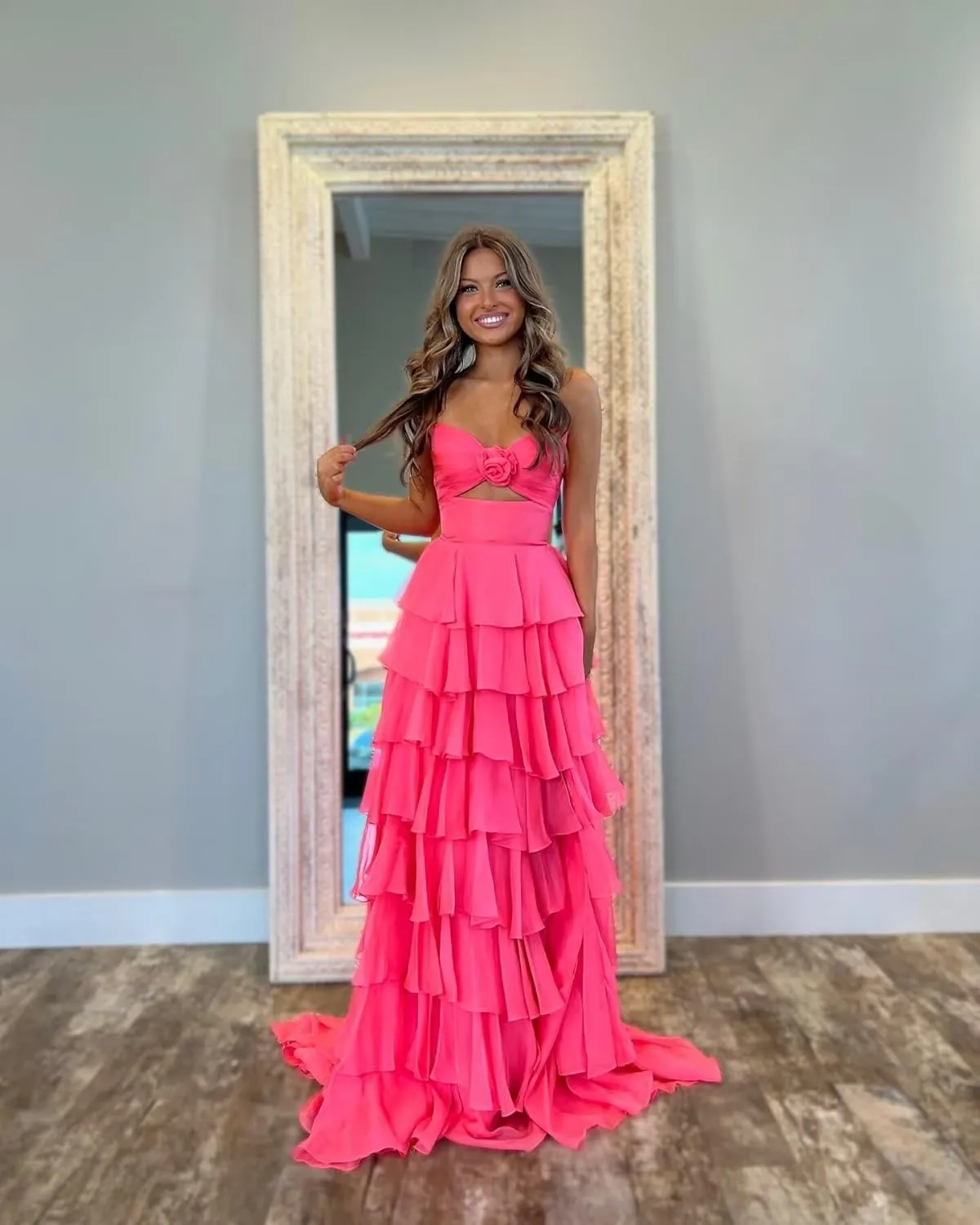 3D Flower Chiffon Prom Dresses Tiered Sleeveless Tube Top Formal Evening Gowns for Women