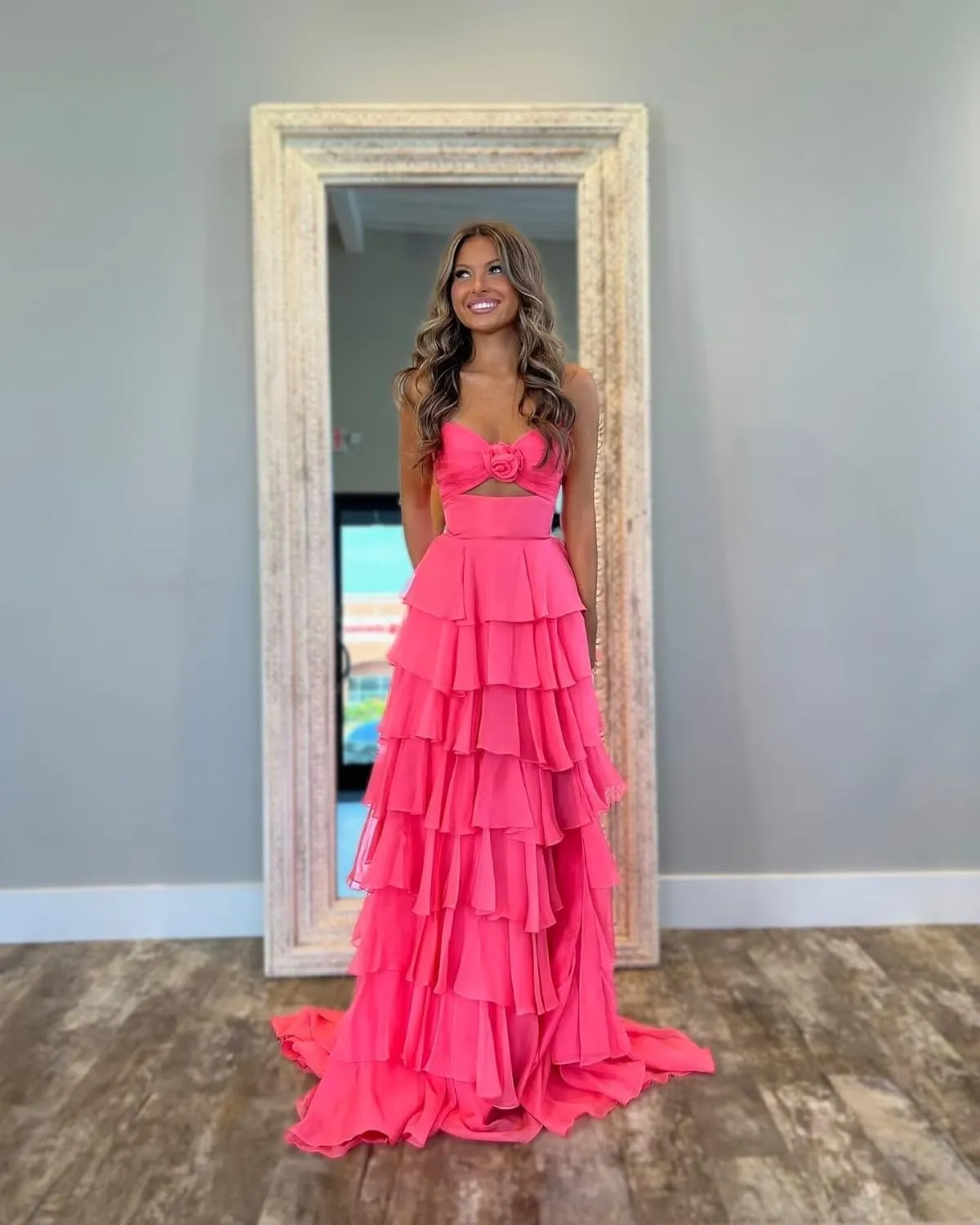 3D Flower Chiffon Prom Dresses Tiered Sleeveless Tube Top Formal Evening Gowns for Women