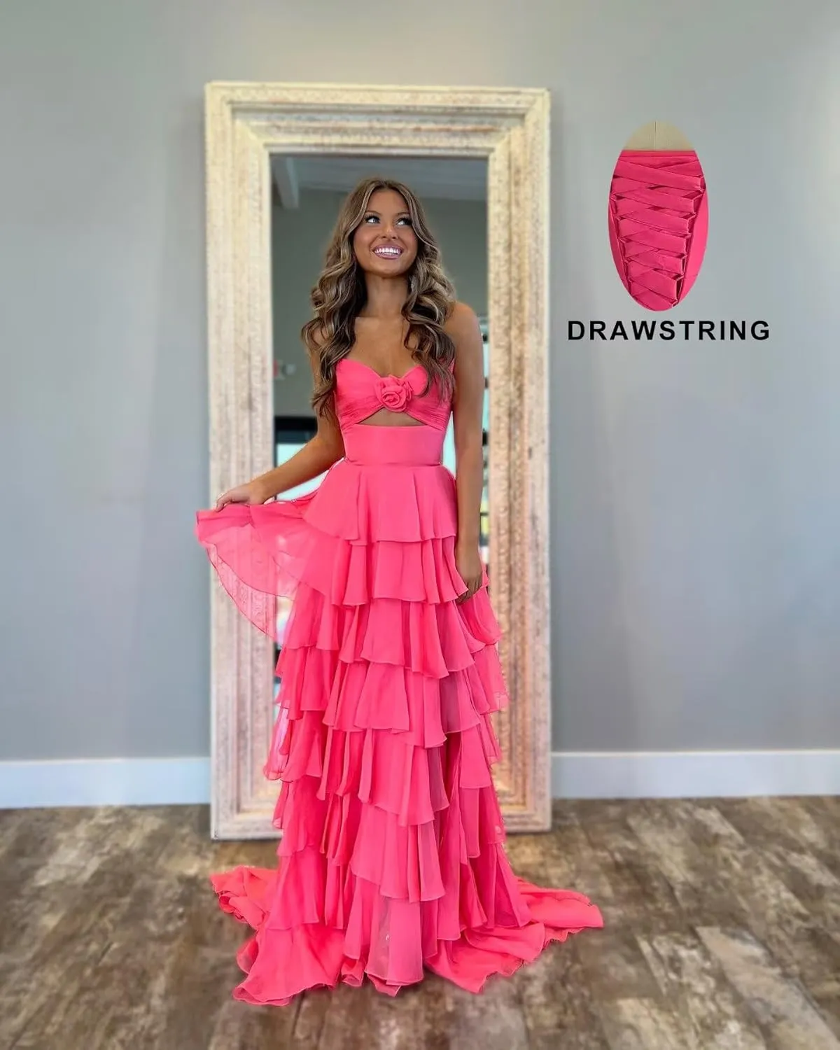 3D Flower Chiffon Prom Dresses Tiered Sleeveless Tube Top Formal Evening Gowns for Women