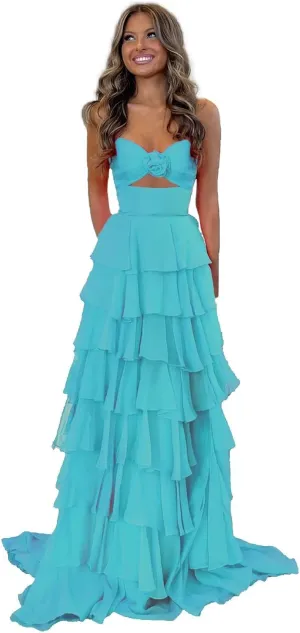 3D Flower Chiffon Prom Dresses Tiered Sleeveless Tube Top Formal Evening Gowns for Women