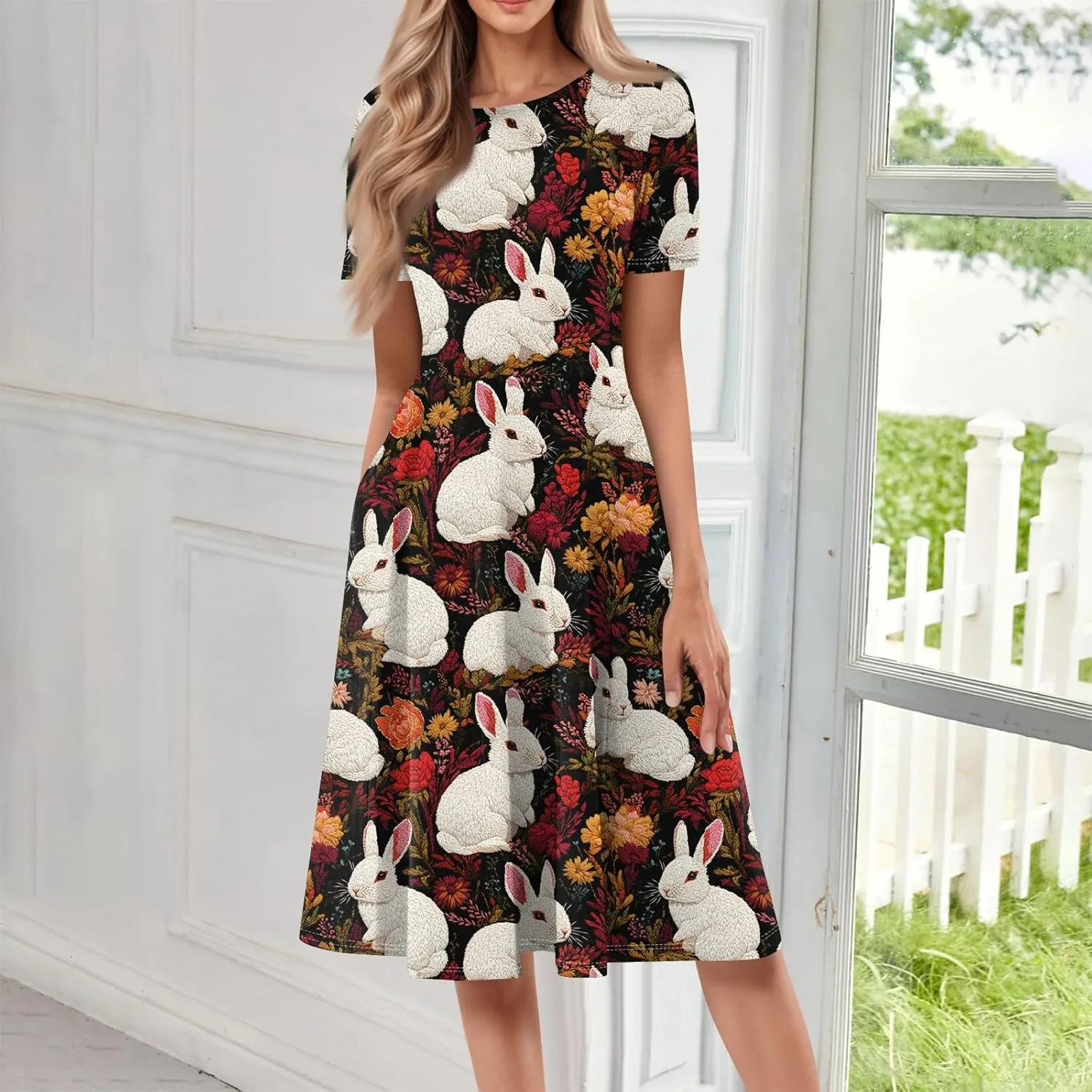 4Th of July Dresses for Women Midi Patriotic Summer Dresses A Line Round Neck Short Sleeve Formal Dress Elegant