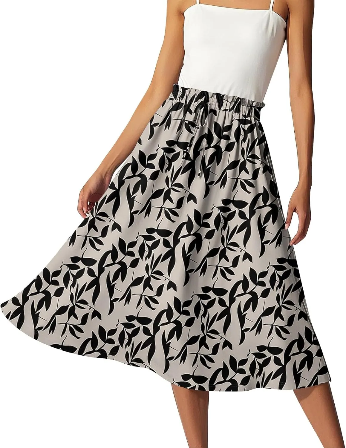 ADHOWBEW Womens Floral Maxi Skirt Summer Casual Smocked Sexy Elastic Waist Trendy Cotton Flowy Skirts