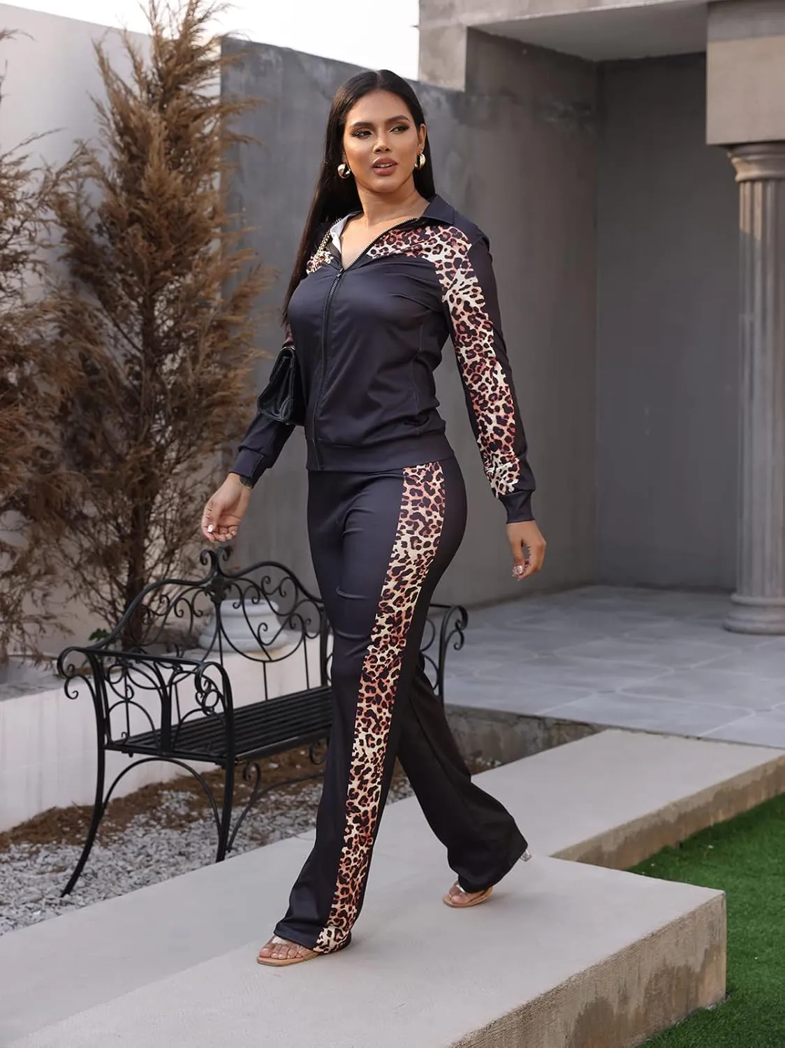 Adogirl Womens Two Piece Outfits Zipper Up Pattern Print Long Sleeve Jogging Weat Suits Matching Jogger Long Pants Set