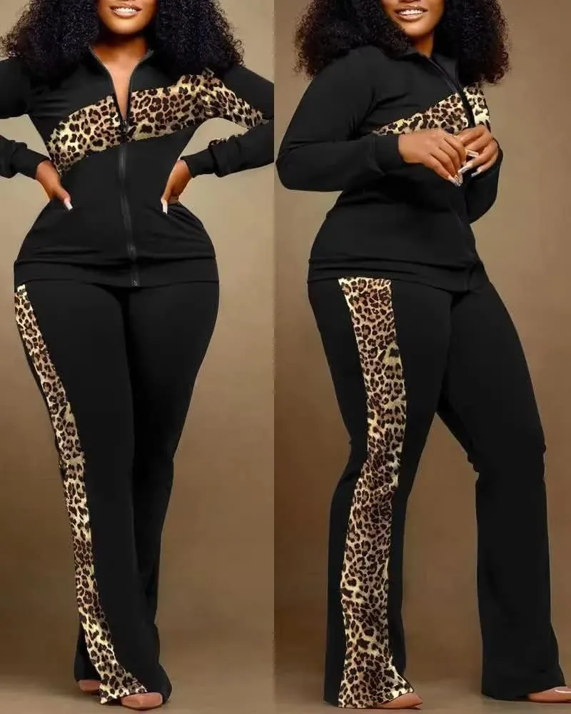 Adogirl Womens Two Piece Outfits Zipper Up Pattern Print Long Sleeve Jogging Weat Suits Matching Jogger Long Pants Set