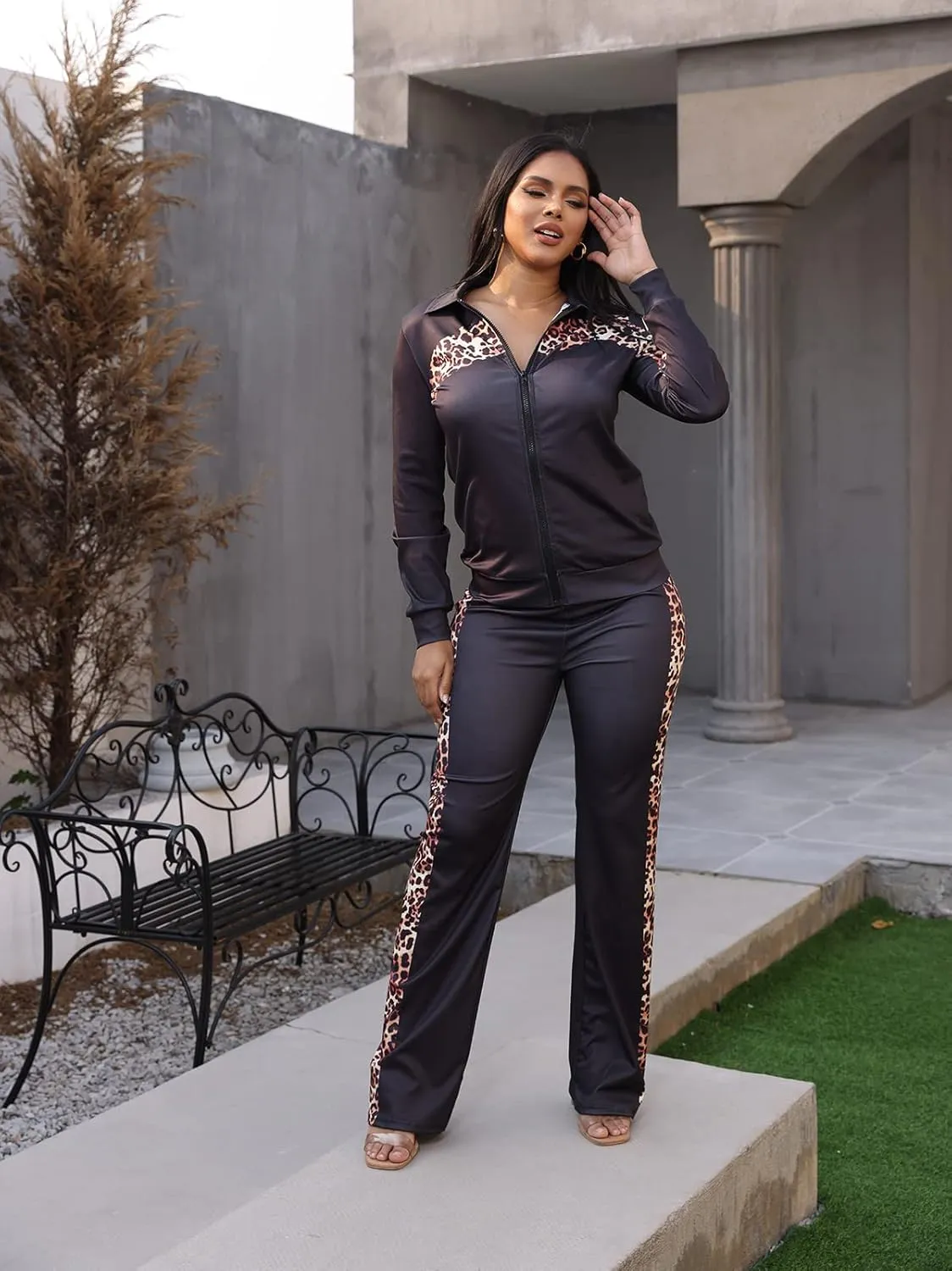 Adogirl Womens Two Piece Outfits Zipper Up Pattern Print Long Sleeve Jogging Weat Suits Matching Jogger Long Pants Set