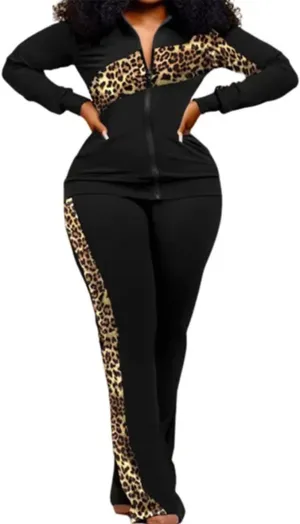 Adogirl Womens Two Piece Outfits Zipper Up Pattern Print Long Sleeve Jogging Weat Suits Matching Jogger Long Pants Set