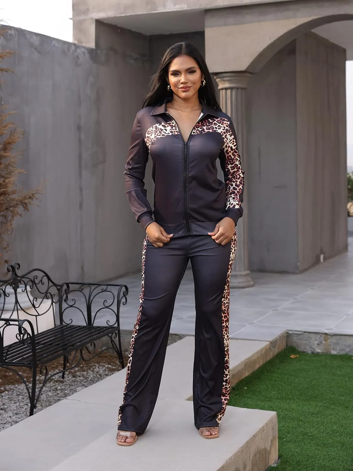 Adogirl Womens Two Piece Outfits Zipper Up Pattern Print Long Sleeve Jogging Weat Suits Matching Jogger Long Pants Set