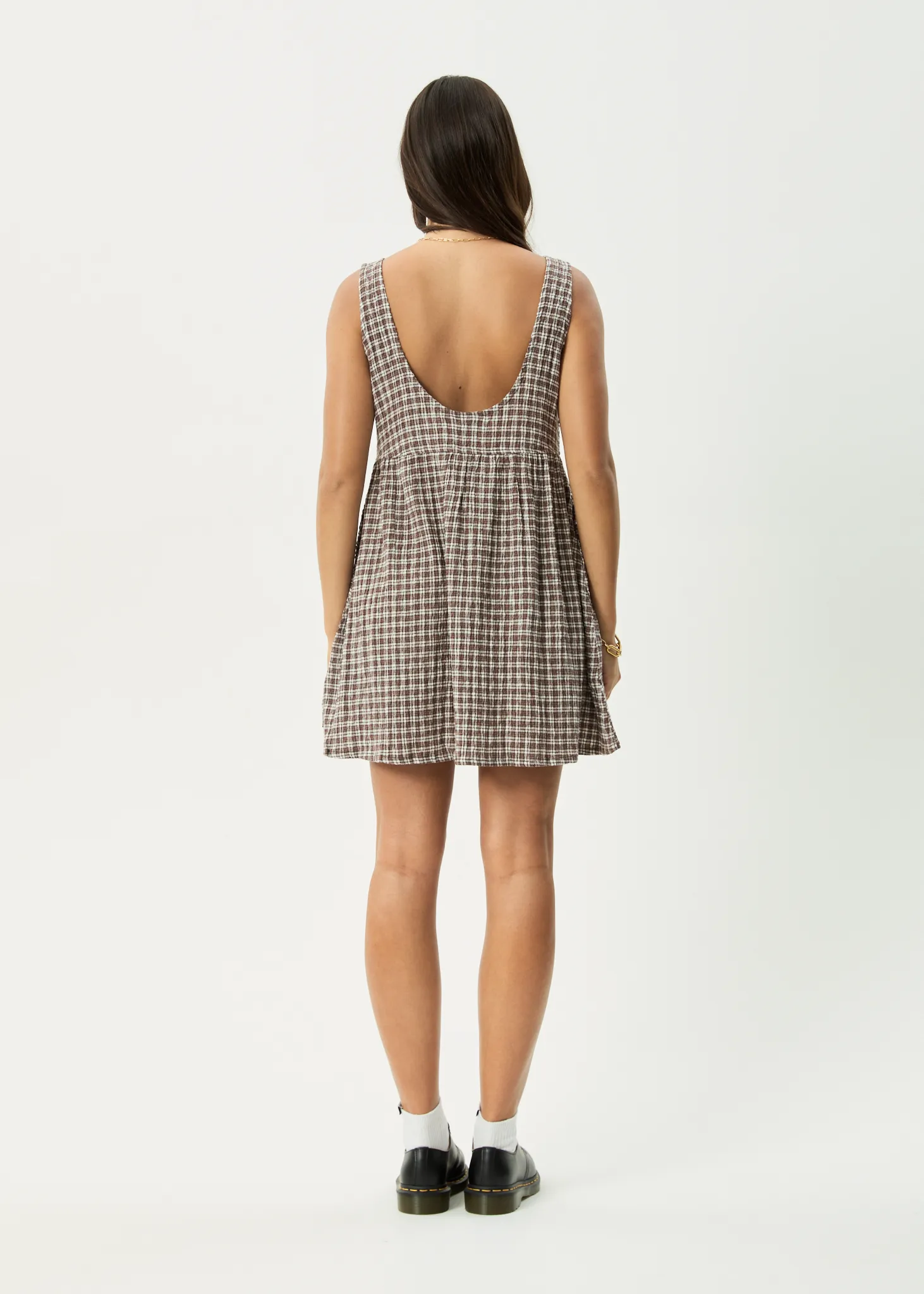 AFENDS Womens Base Jesse - Seersucker Mini Dress - Coffee Check