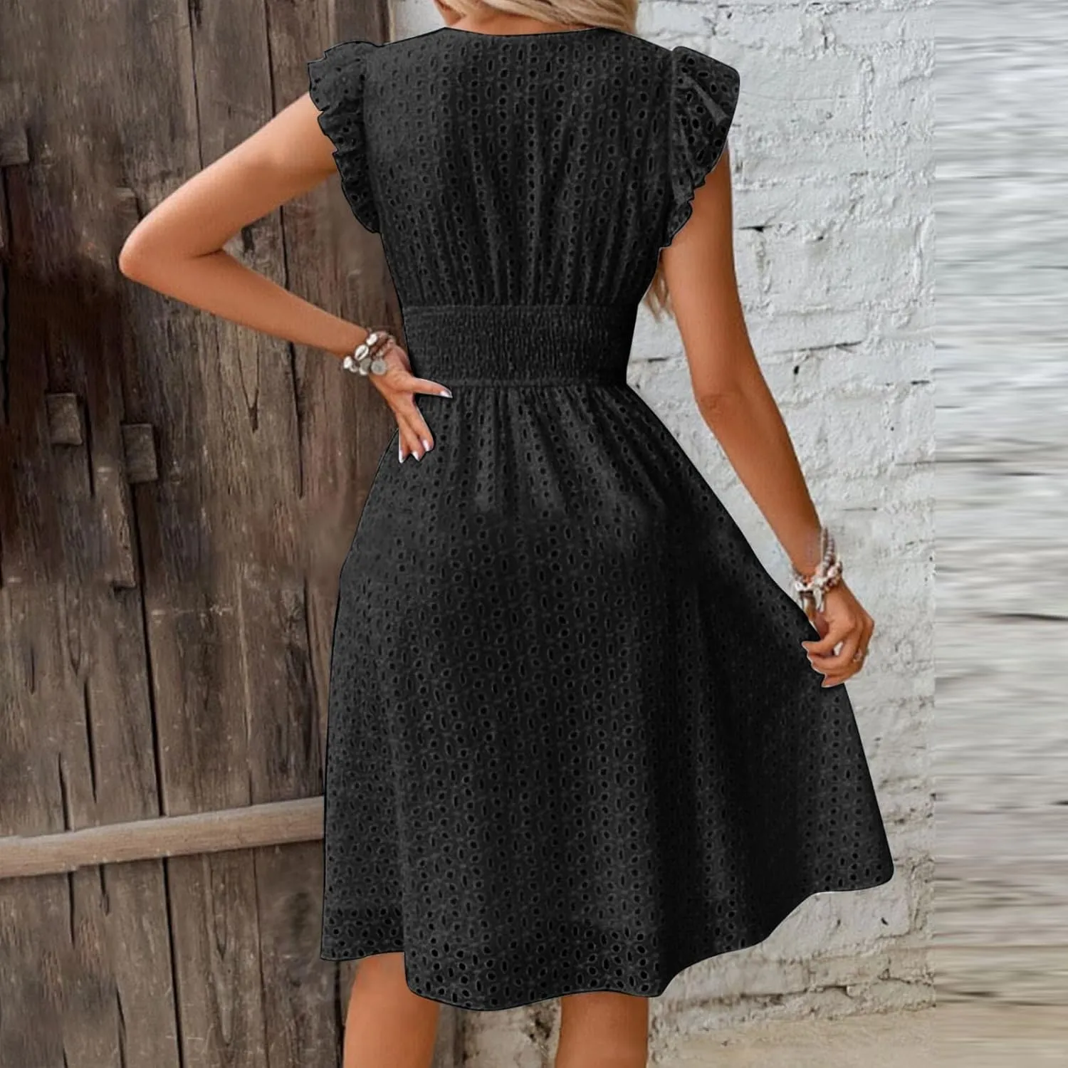 Akklian Women Summer Dresses 2024 Ruffle Cap Sleeve Elegant Eyelet V Neck Mini Dress Casual Loose Empire Waist Boho Sundress
