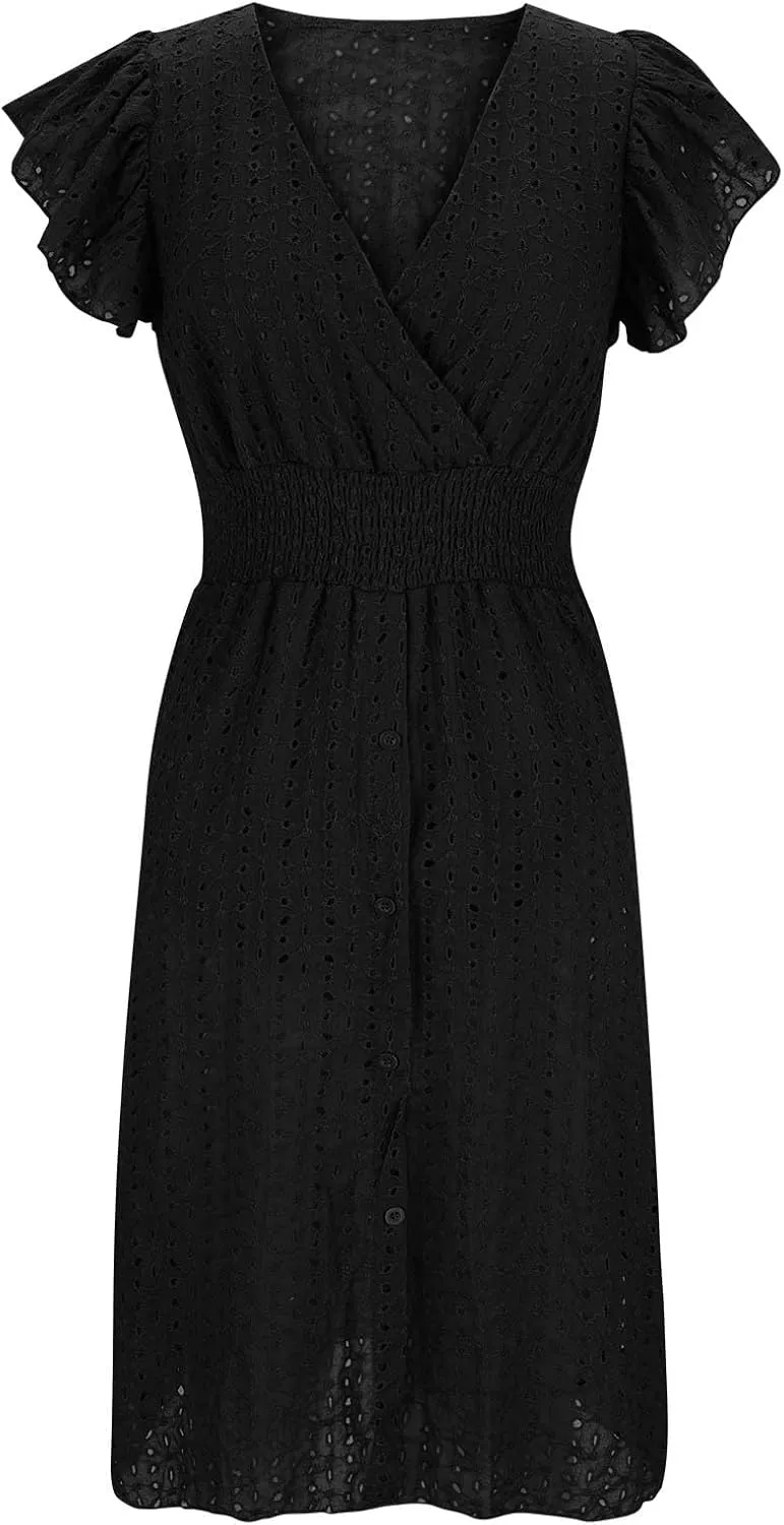 Akklian Women Summer Dresses 2024 Ruffle Cap Sleeve Elegant Eyelet V Neck Mini Dress Casual Loose Empire Waist Boho Sundress