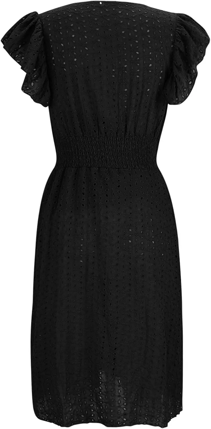 Akklian Women Summer Dresses 2024 Ruffle Cap Sleeve Elegant Eyelet V Neck Mini Dress Casual Loose Empire Waist Boho Sundress
