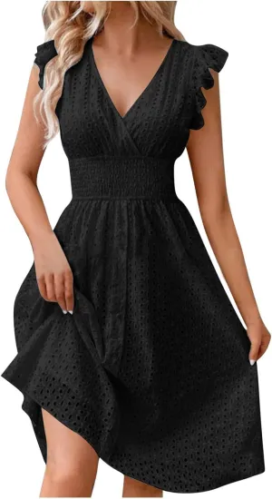Akklian Women Summer Dresses 2024 Ruffle Cap Sleeve Elegant Eyelet V Neck Mini Dress Casual Loose Empire Waist Boho Sundress