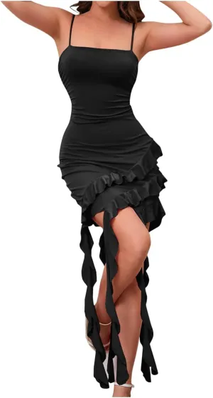 Akklian Women's Asymmetrical Ruffle Hem Ruched Spaghetti Strap Mini Dress Sexy Bodycon Party Dancing Dresses Cocktail Dress
