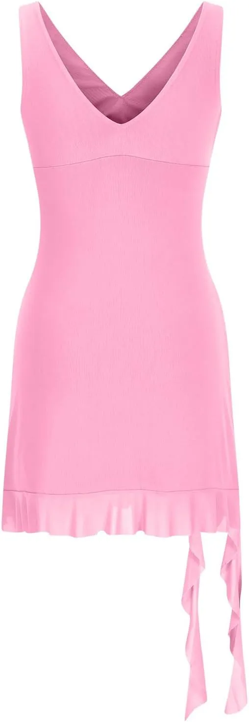 Akklian Womens Summer Dresses Sexy Slit Bodycon Dresses V Neck Backless Y2K Ruffle Trim Fringe Cocktail Party Club Mini Dress