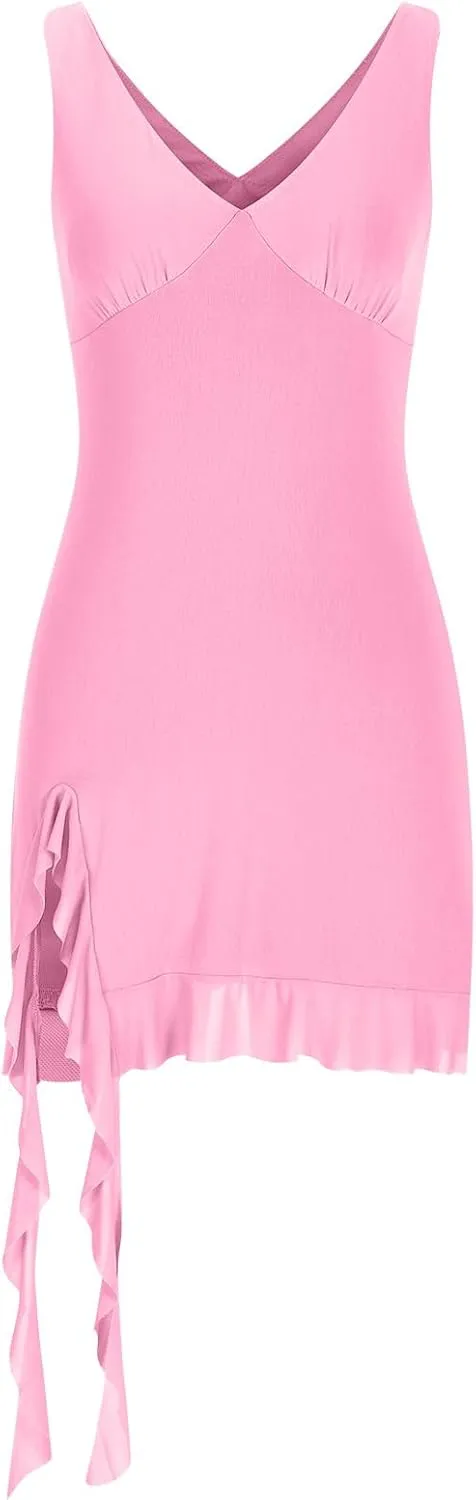 Akklian Womens Summer Dresses Sexy Slit Bodycon Dresses V Neck Backless Y2K Ruffle Trim Fringe Cocktail Party Club Mini Dress