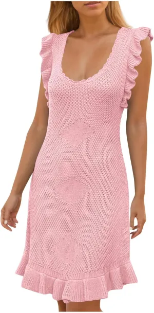 Akklian Womens Summer Mini Dresses Casual Scoop Neck Knitted Ruffle Hem Bodycon Tank Sundress Elegant Crochet Beach Dress