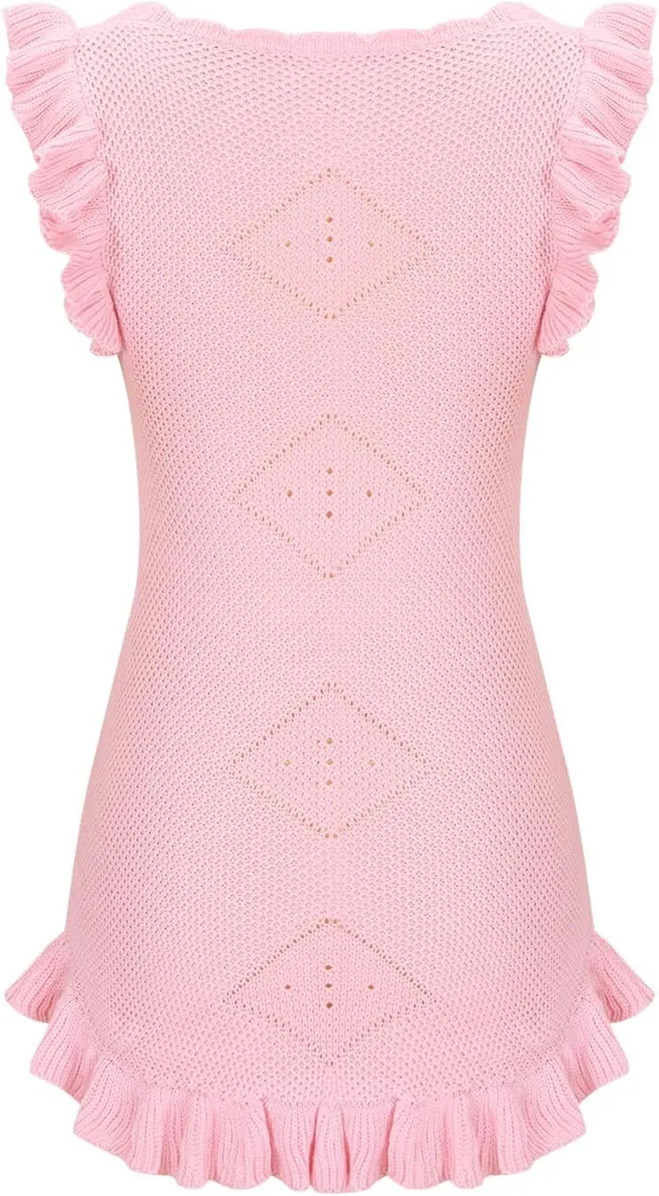 Akklian Womens Summer Mini Dresses Casual Scoop Neck Knitted Ruffle Hem Bodycon Tank Sundress Elegant Crochet Beach Dress