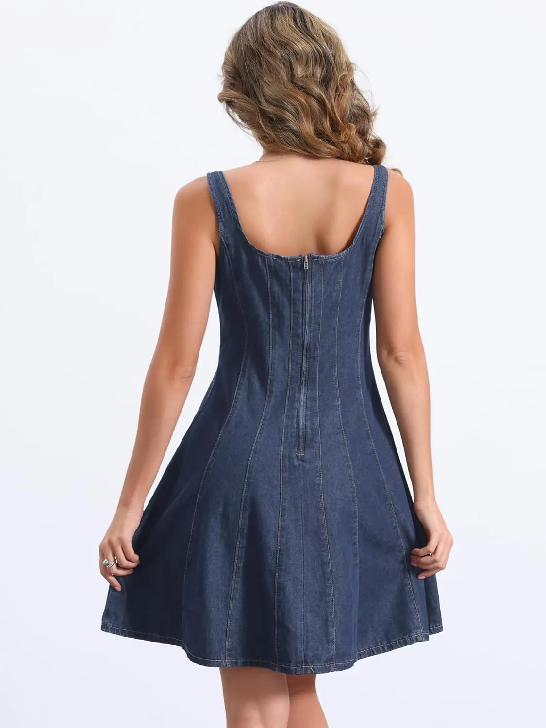 Allegra K Denim Dress for Women's Casual Tank Square Neck Mini Dress
