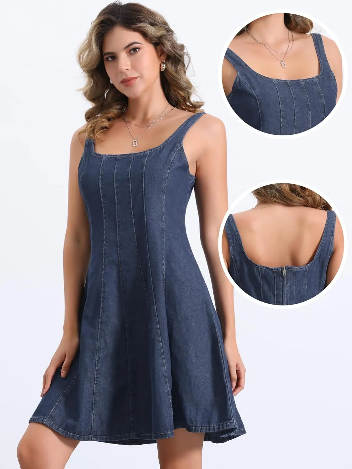 Allegra K Denim Dress for Women's Casual Tank Square Neck Mini Dress