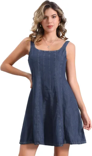 Allegra K Denim Dress for Women's Casual Tank Square Neck Mini Dress
