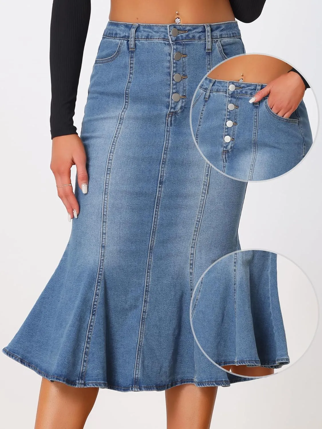 Allegra K Denim Skirt for Women's Washed Fishtail Midi Skirt