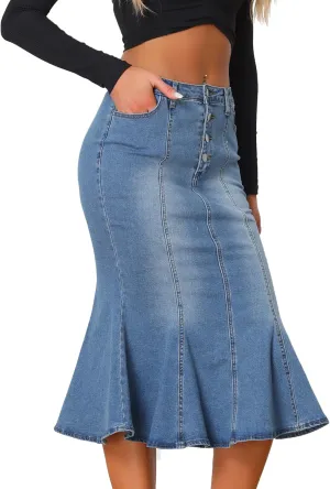 Allegra K Denim Skirt for Women's Washed Fishtail Midi Skirt