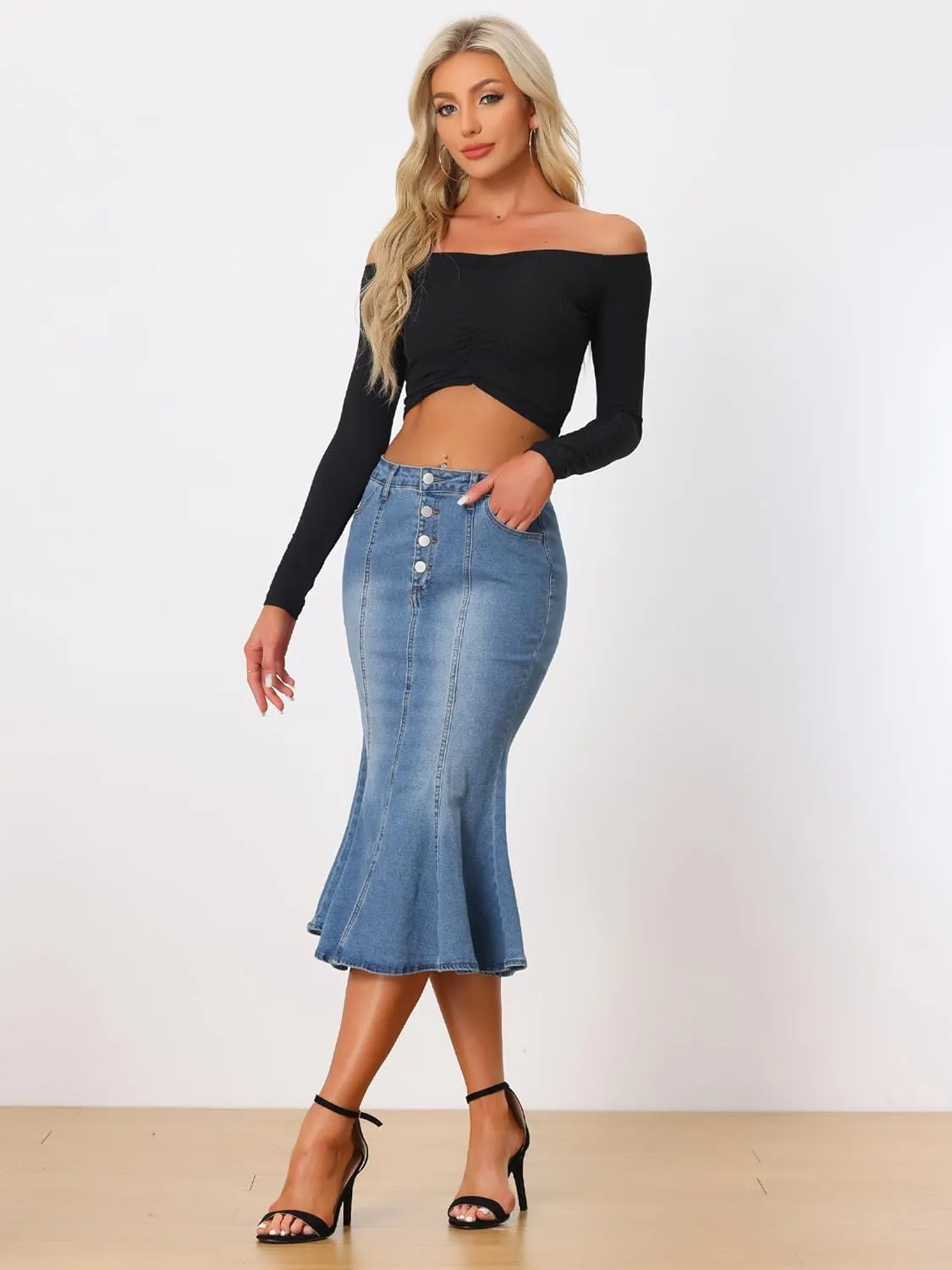 Allegra K Denim Skirt for Women's Washed Fishtail Midi Skirt