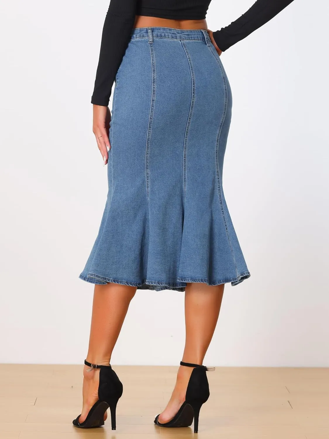 Allegra K Denim Skirt for Women's Washed Fishtail Midi Skirt