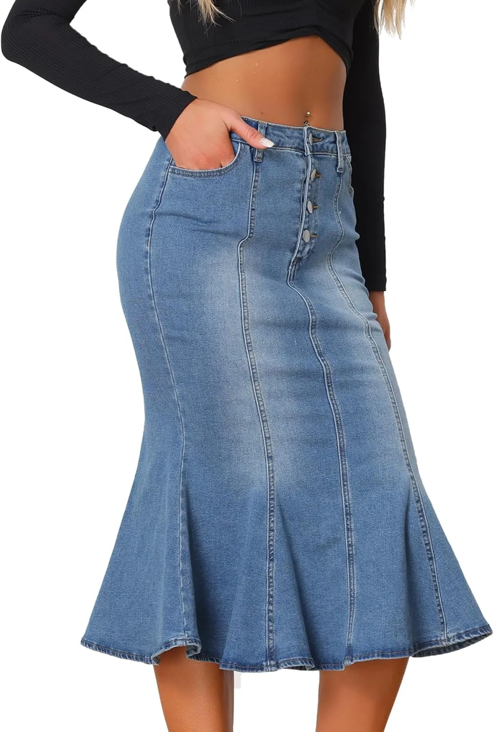 Allegra K Denim Skirt for Women's Washed Fishtail Midi Skirt