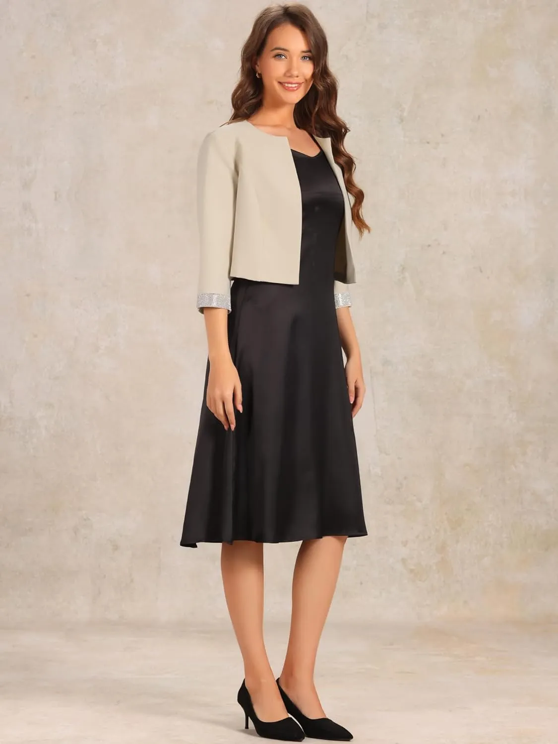 Allegra K Open Front Blazer for Women's Half Sleeve Collarless Cropped Blazer