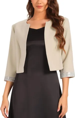 Allegra K Open Front Blazer for Women's Half Sleeve Collarless Cropped Blazer