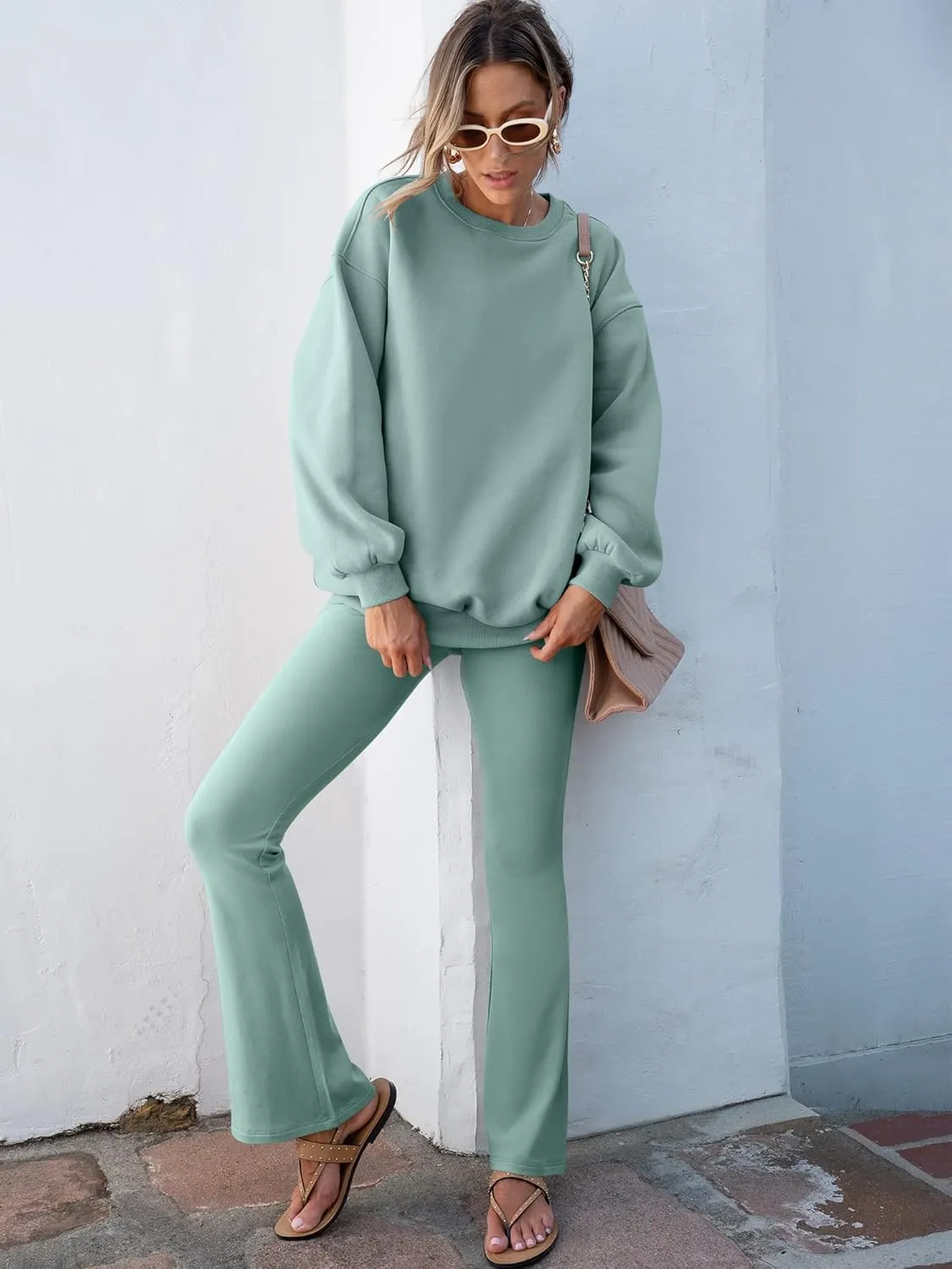 ANRABESS Women 2 Piece Sweatsuits Lounge Set Oversized Fleece Crewneck Sweatshirts Flare Pants 2025 Fall Outfits Clothes
