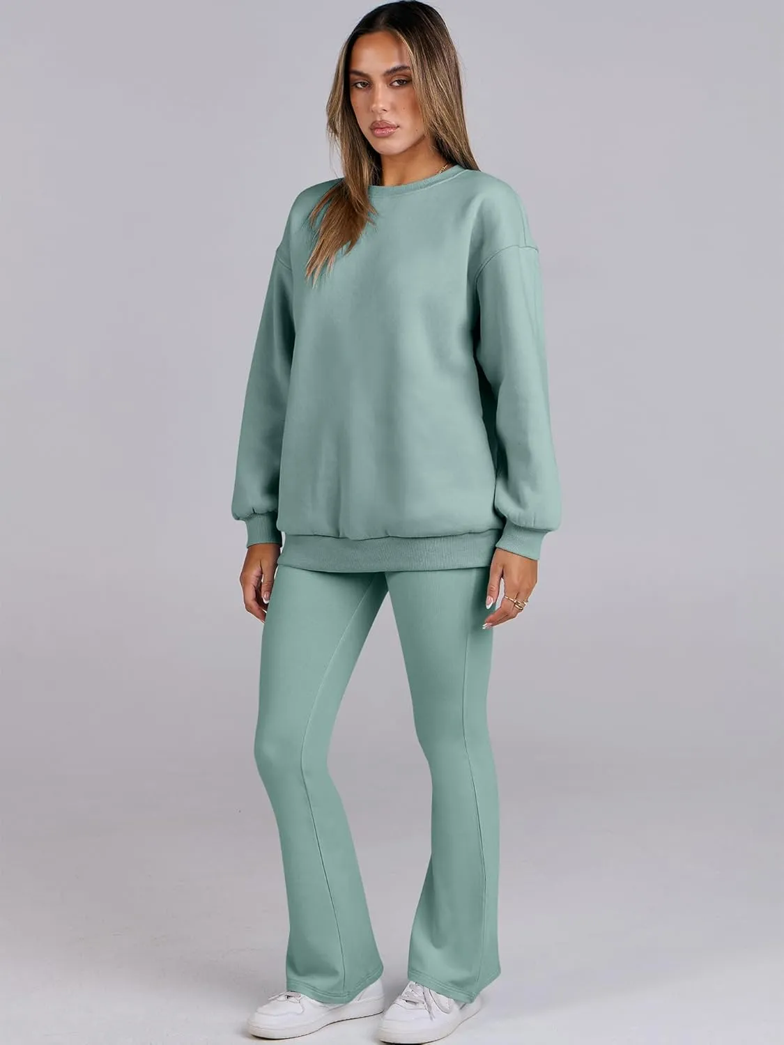 ANRABESS Women 2 Piece Sweatsuits Lounge Set Oversized Fleece Crewneck Sweatshirts Flare Pants 2025 Fall Outfits Clothes