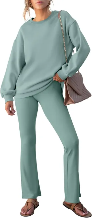 ANRABESS Women 2 Piece Sweatsuits Lounge Set Oversized Fleece Crewneck Sweatshirts Flare Pants 2025 Fall Outfits Clothes