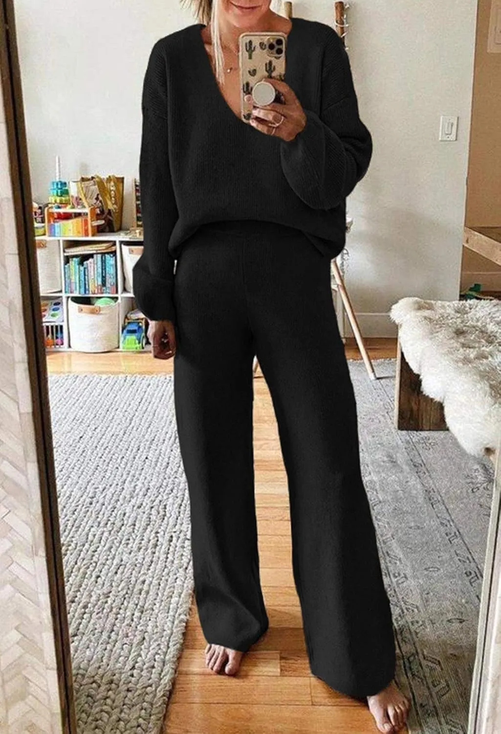 AOHITE Womens 2 Piece Outfits Casual V-neck Knit Pullover Sweater Wide Leg Pants Sleepwear Loungewear Set