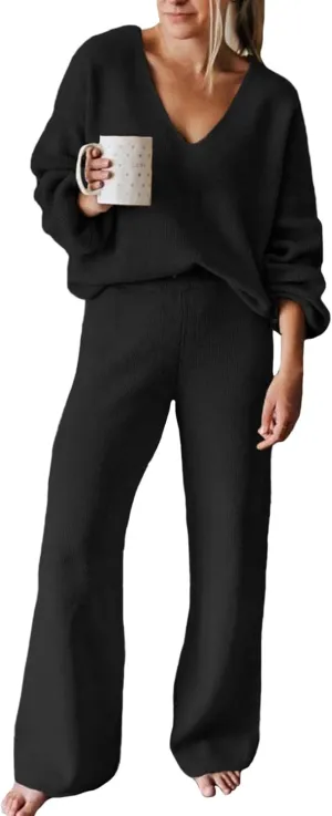 AOHITE Womens 2 Piece Outfits Casual V-neck Knit Pullover Sweater Wide Leg Pants Sleepwear Loungewear Set