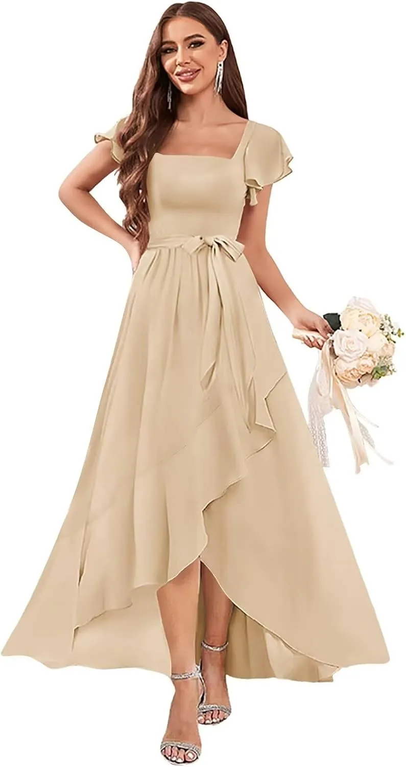 AUMEELAM Women's Bridesmaid Dresses with Slit A Line Square Neck Formal Gowns Ruffles Sleeve Hi-Low Chiffon Evening Dress