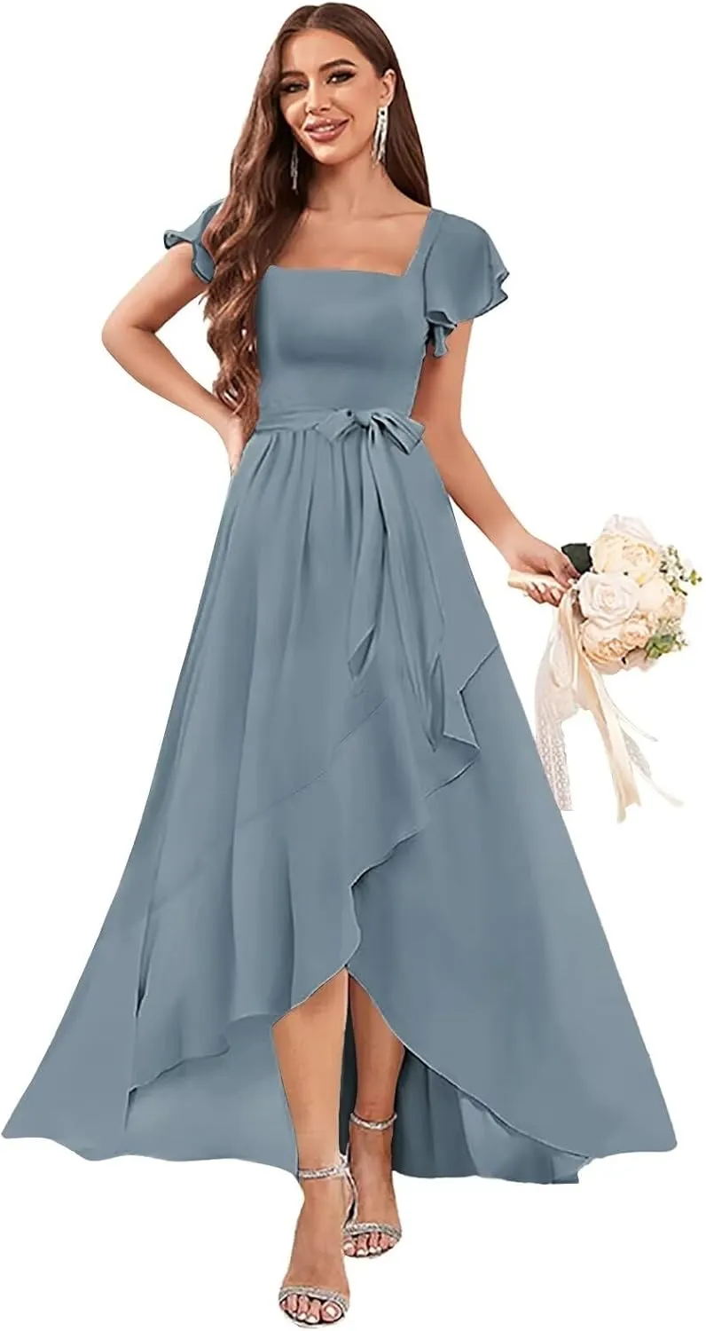 AUMEELAM Women's Bridesmaid Dresses with Slit A Line Square Neck Formal Gowns Ruffles Sleeve Hi-Low Chiffon Evening Dress