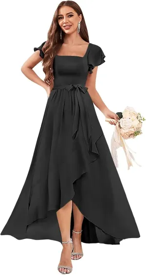 AUMEELAM Women's Bridesmaid Dresses with Slit A Line Square Neck Formal Gowns Ruffles Sleeve Hi-Low Chiffon Evening Dress