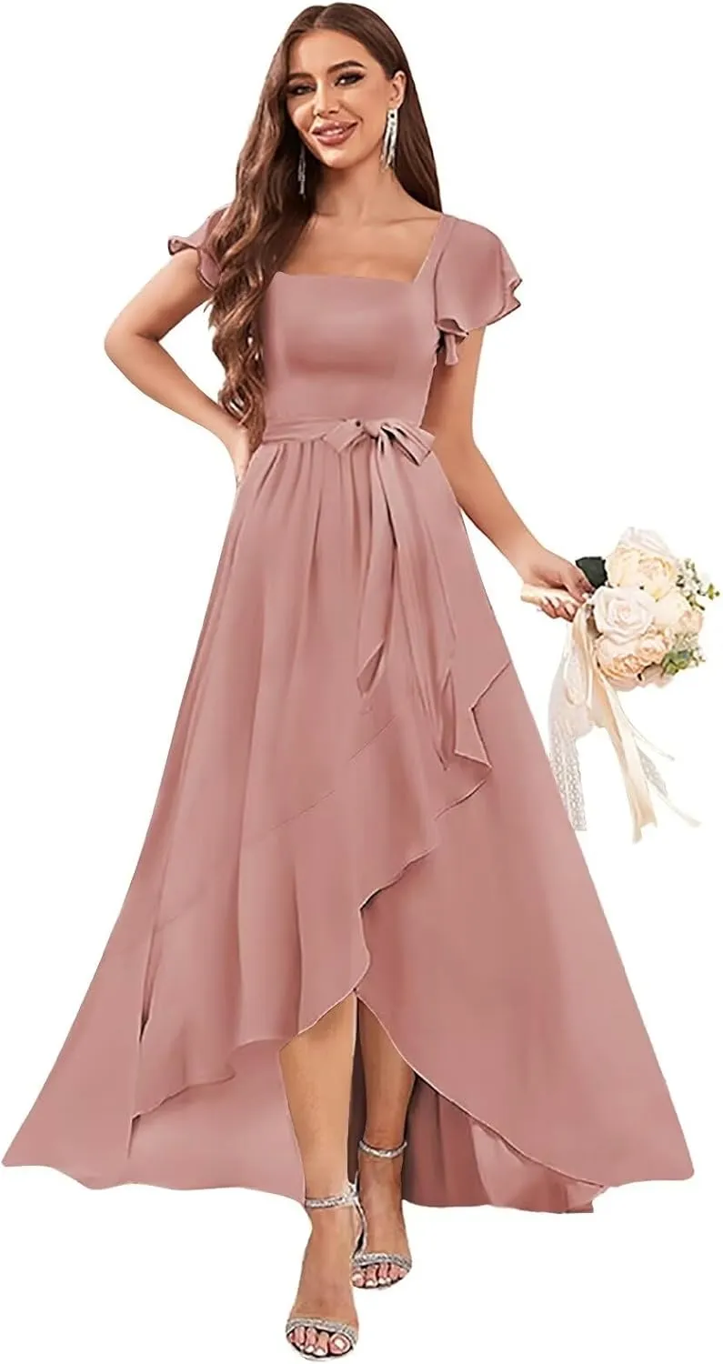AUMEELAM Women's Bridesmaid Dresses with Slit A Line Square Neck Formal Gowns Ruffles Sleeve Hi-Low Chiffon Evening Dress