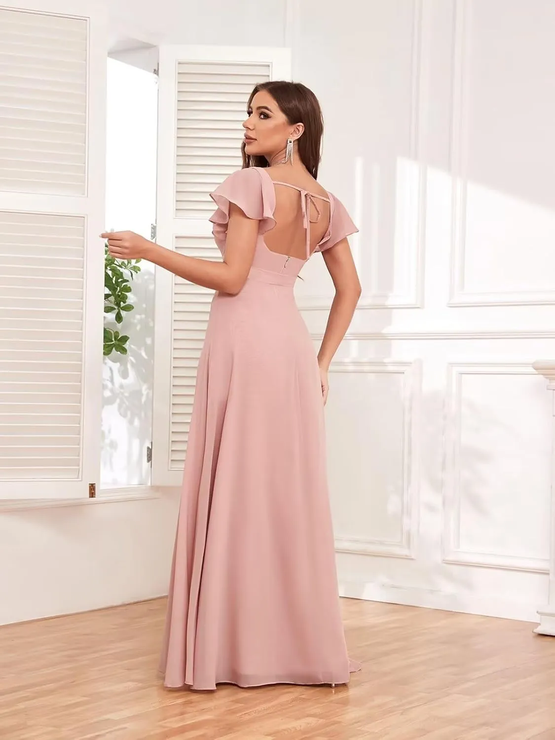 AUMEELAM Women's Bridesmaid Dresses with Slit A Line Square Neck Formal Gowns Ruffles Sleeve Hi-Low Chiffon Evening Dress