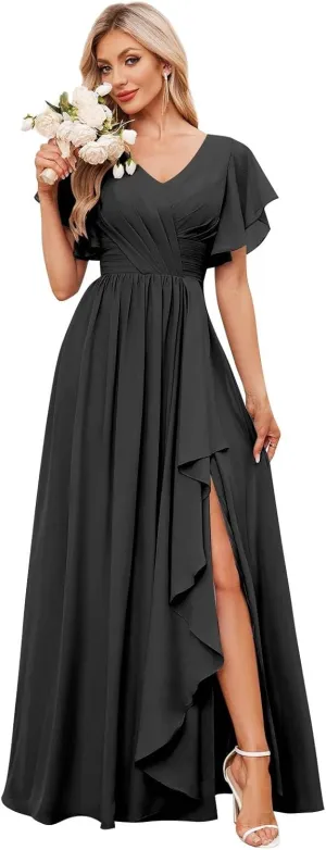 AUMEELAM Women's V-Neck Short Sleeve Bridesmaid Dresses for Wedding Pleated Chiffon Evening Formal Gowns with Slit