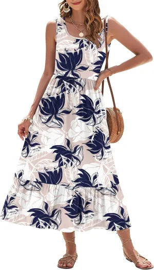 AUSELILY Womens Summer Dresses 2025 Sleeveless Maxi Dress Square Neck Casual Tiered Long Dress with Pockets