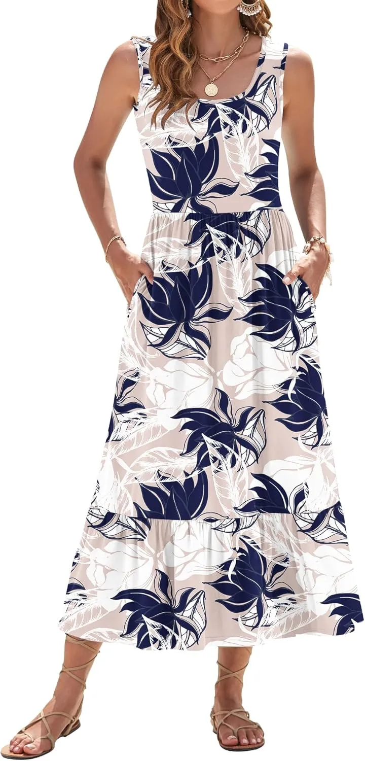 AUSELILY Womens Summer Dresses 2025 Sleeveless Maxi Dress Square Neck Casual Tiered Long Dress with Pockets