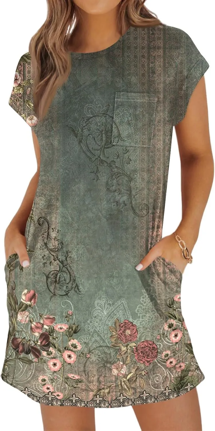 Beach Dresses for Women 2025 Vacation Summer Petite Dress Short Sleeve Casual Flowy Sundress