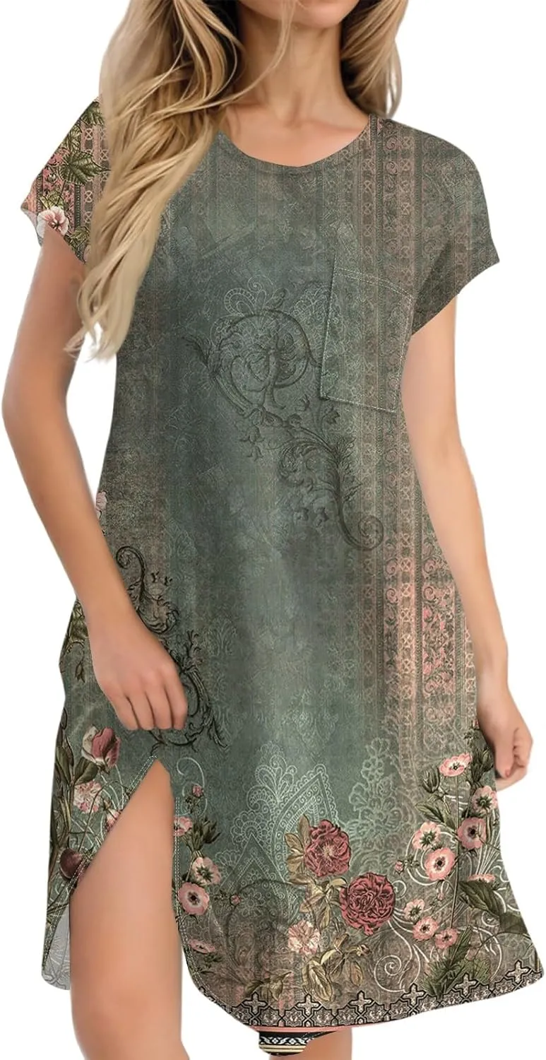 Beach Dresses for Women 2025 Vacation Summer Petite Dress Short Sleeve Casual Flowy Sundress