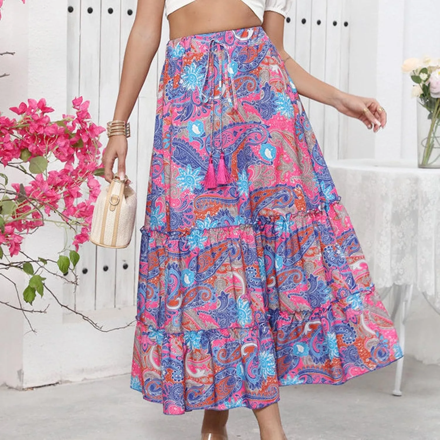 Beach Vacation Clothes for Women Summer Loose Casual Trendy Vintage Floral Printed Elastic Waist Boho Skirts, S-XL