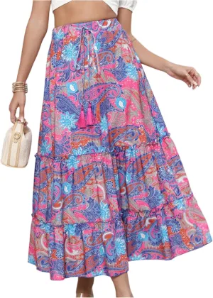 Beach Vacation Clothes for Women Summer Loose Casual Trendy Vintage Floral Printed Elastic Waist Boho Skirts, S-XL